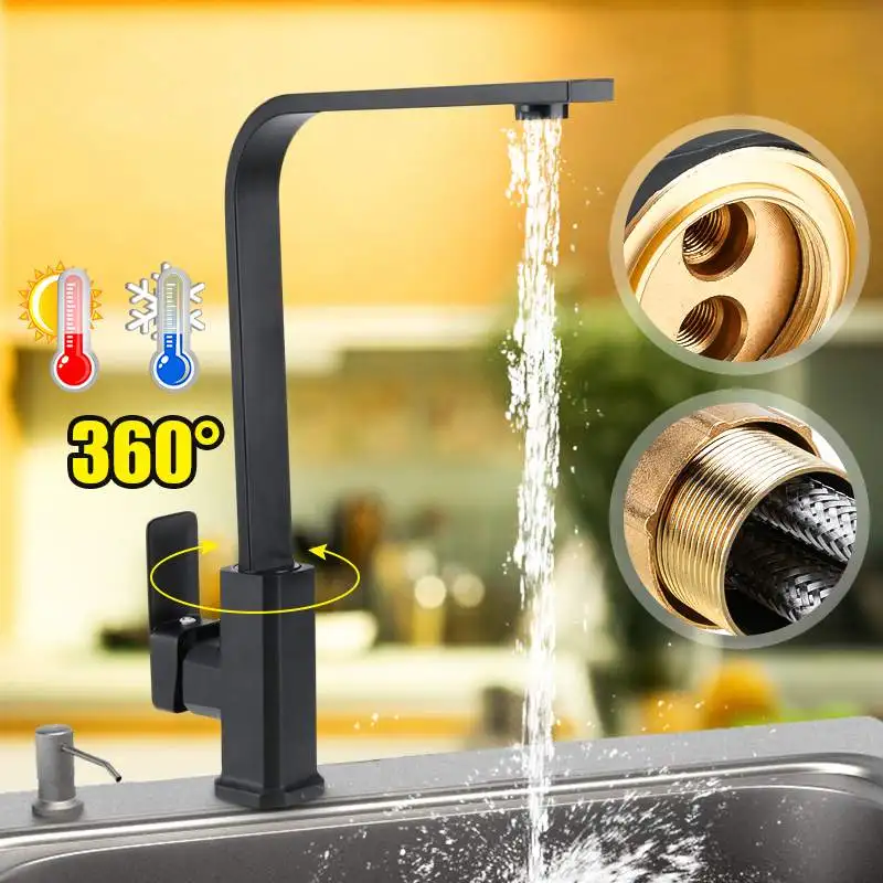 

360° Rotation Kitchen Faucet Black Mixer Faucet for Kitchen Rubber Design Hot and Cold Deck Mounted Crane for Sinks