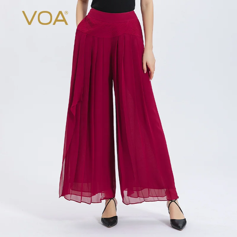 

VOA Stylish Ruffles Folds Red Wine Silk Georgette Pleated Wide Leg Pants Party Autumn Trousers Office Ladies Solid Pant KE619