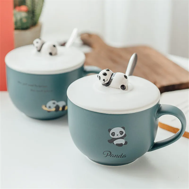 

Ceramic Large Capacity Breakfast Milk Oatmeal Coffee Mug Cute Instant Noodle Cup with Lid and Spoon Cartoon Animal Teacups