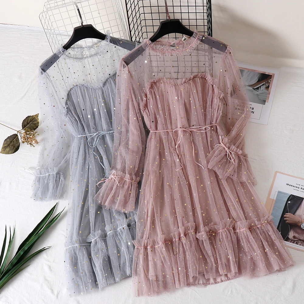 Звездная блестка Блеск кружевное платье сетка фея с длинным рукавом Базовая