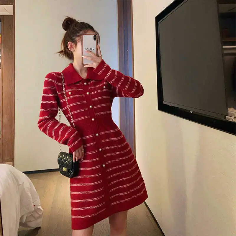 

French celebrity and minority waist red small fragrance knitted dress for little children