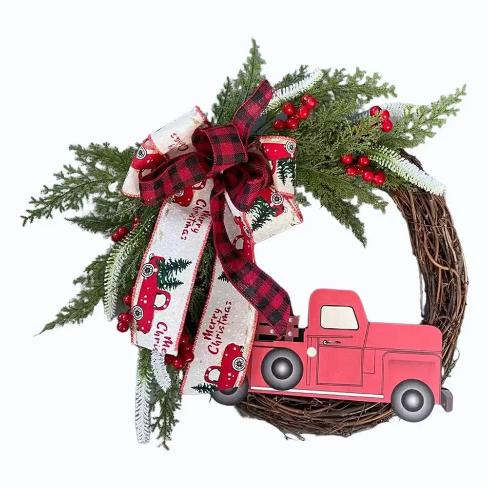 

Christmas Rattan Wreath Red Truck Simulation Flower Hoop Door Hanging Plant Garland Wall Decor Farm Xmas Home Decoration Navidad