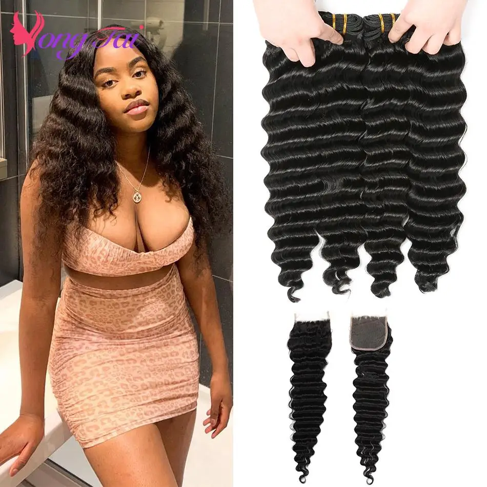 

YuYongtai Indian Human Hair Extensions Deep Wave Bundles With Lace Closure 4x4 Natural Color Prepluck With Baby Hair For Black