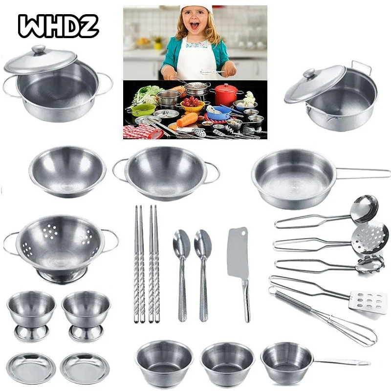 

13/25pcs Girls Kids Mini Pretend Play Tools Stainless Steel Children Kitchen Cookware Pots Pans Food Play Educational Toys