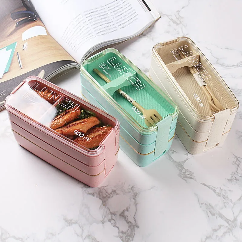 

900ml Healthy Material Lunch Box 3 Layer Wheat Straw Bento Boxes Microwave Dinnerware Food Storage Container Lunchbox