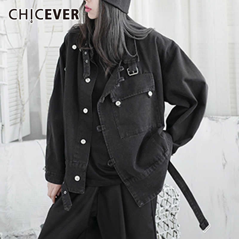 

CHICEVER Black Casual Denim Coat For Women Stand Collar Long Sleeve Korean Fashion Loose Jackets Female 2021 Autumn Streetwear
