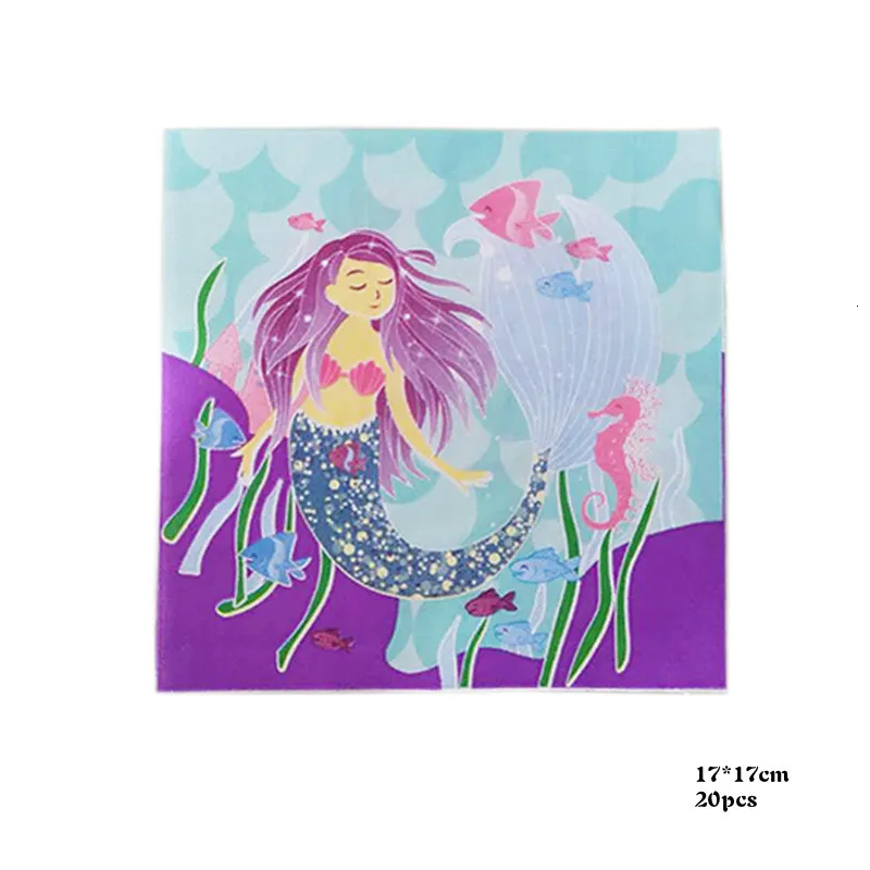Русалочка, украшения для дня рождения, Детская одноразовая посуда, бумажный стаканчик, тарелки, тканевая скатерть, соломинки, товары для девочек