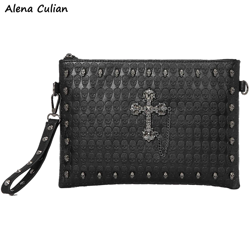 

Cool Punk Style Mens Leather Clutch Bag Hot Ins Design Trendy Men Clutch Handbag For iPad Large Capacity Travel Man Bag bolso