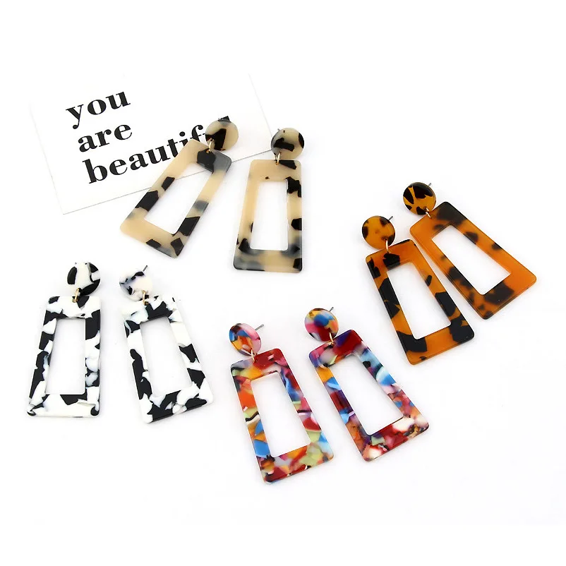 

Fashion Color Leopard Print Earrings Acrylic Acetic Acid Sheet Geometric Rectangle Hollow Long Drop Earrings for Women