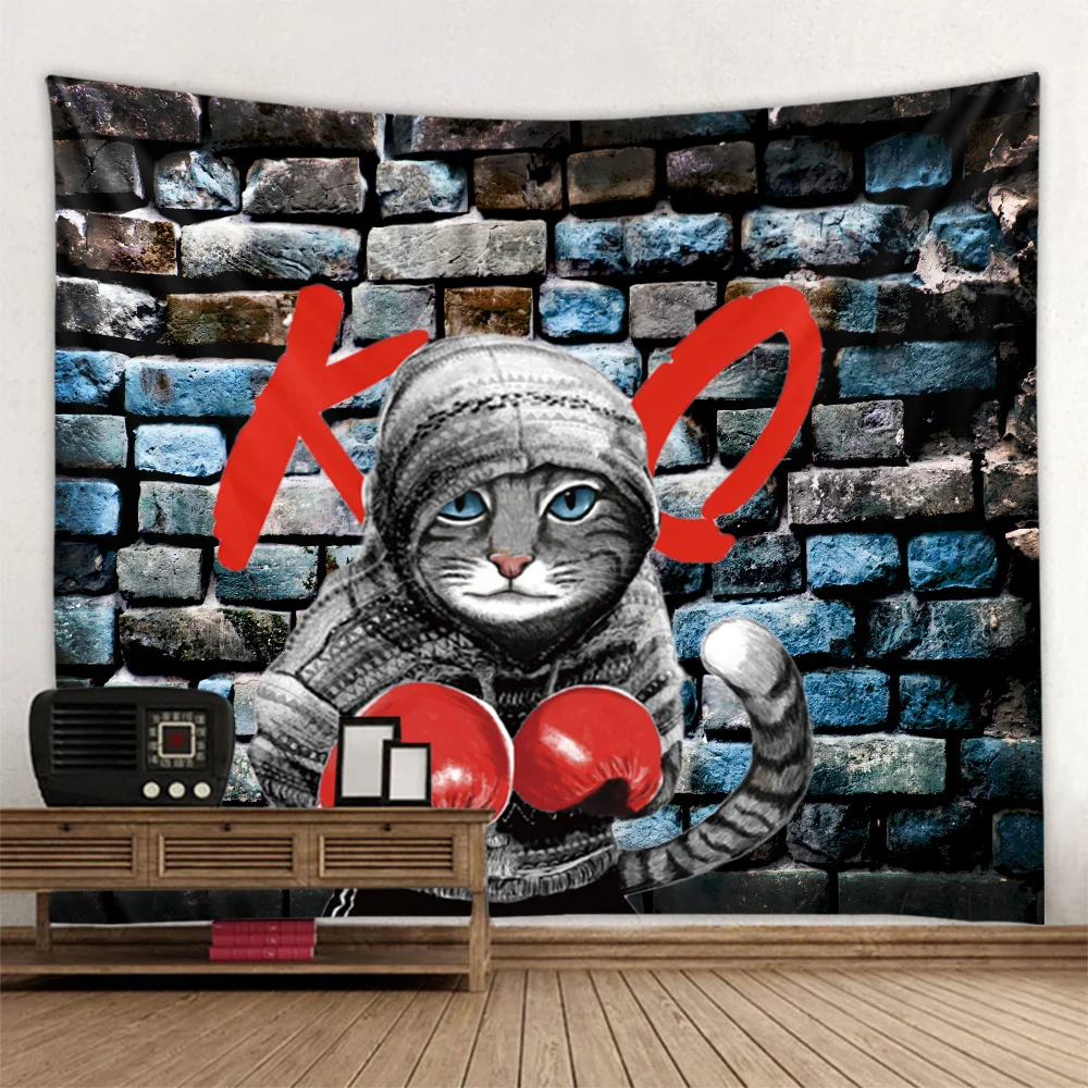 Новинка боксерская кошка кунг-фу мультяшный Кот Печать гобелен сцена украшение