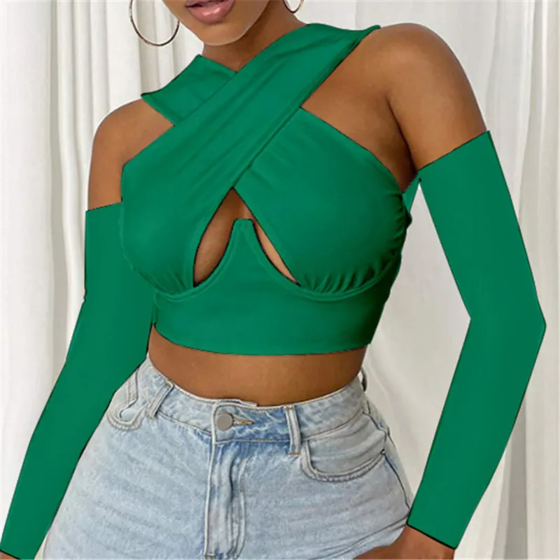 

Women Criss Cross Tank Tops Sexy Long Sleeve Solid Color Cutout Front Crop Tops Party Club Streetwear Summer Lady Bustier Tops