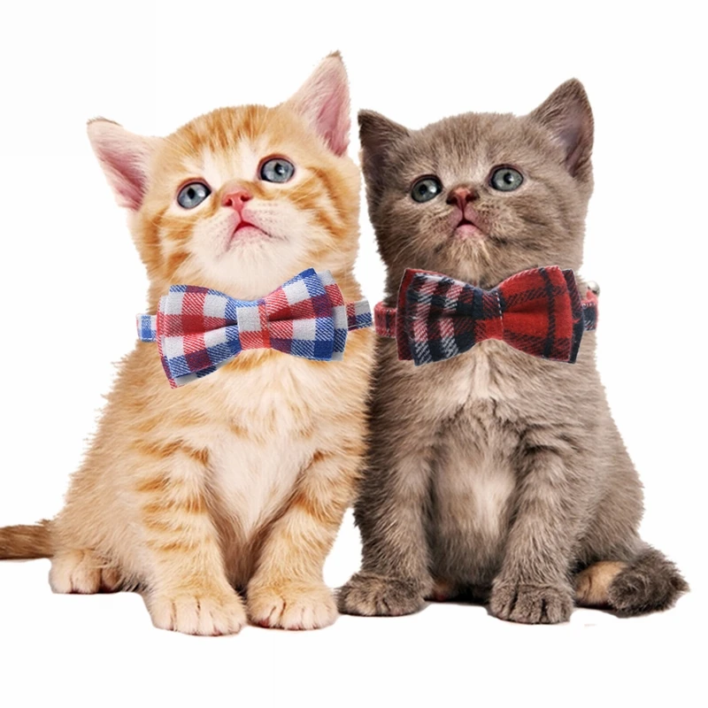 Клетчатый ошейник для питомца кошки милый галстук бабочка с серебряным