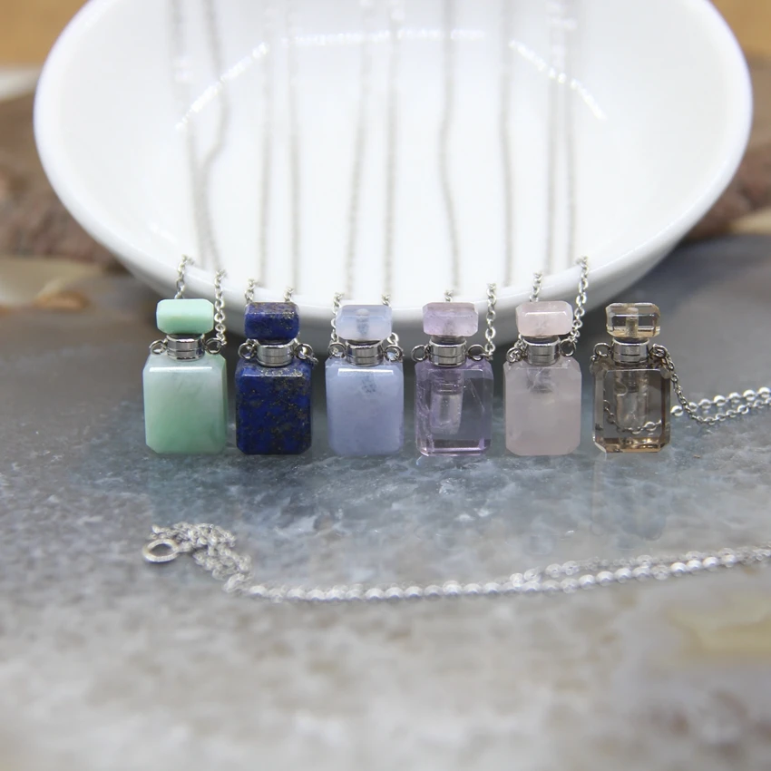 Small Perfume Bottle Natural Gems stone Pendants Plated Silvers Chains,Lapis Quartz Essential Oil Diffuser Vial Necklace Charms