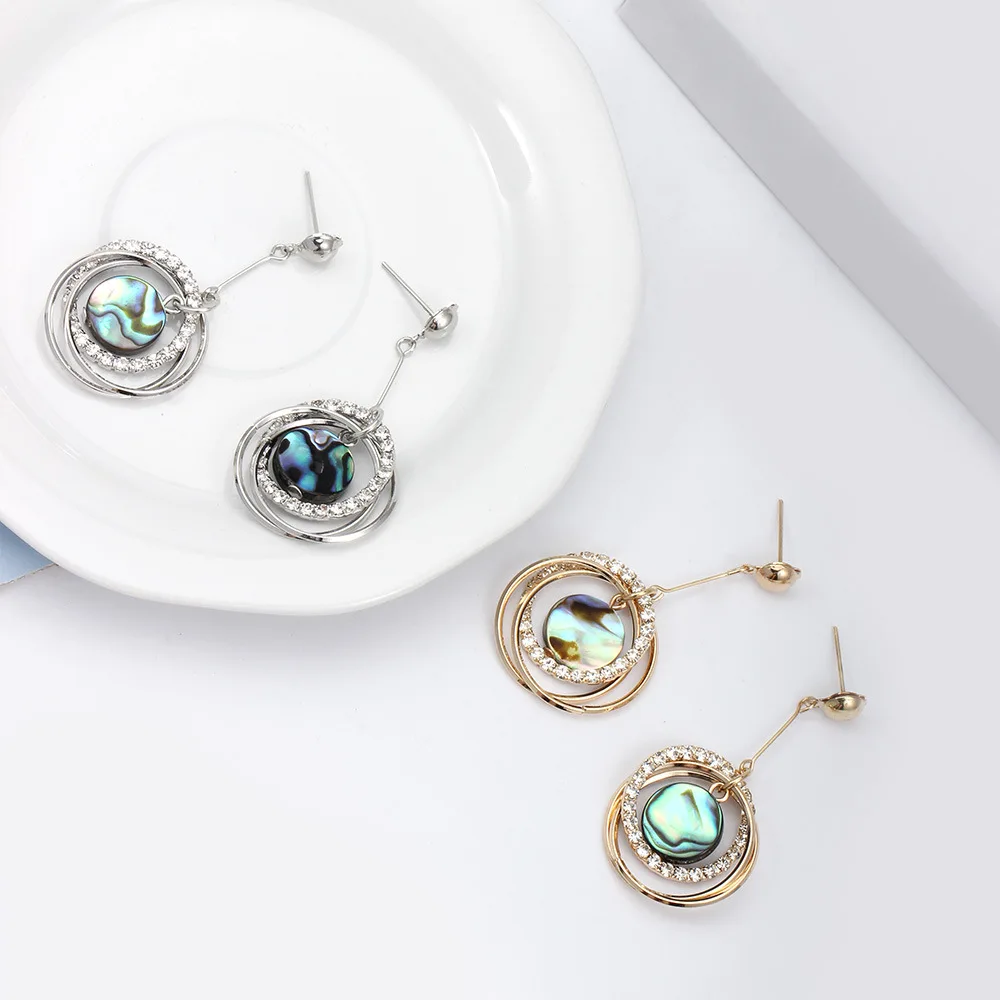 Fashion Color Abalone Shell Earring Double Circle Zircon Crystal Long Drop Geometric color Gold Bohemia Jewelry | Украшения и