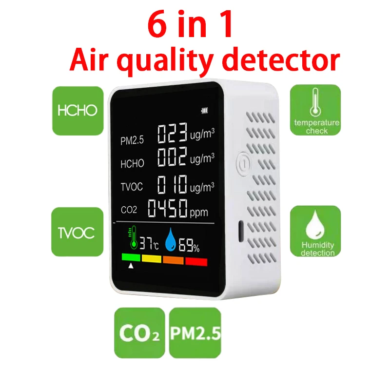 

Цифровой измеритель температуры и влажности CO2, тестер 6 в 1 для контроля качества воздуха, многофункциональный детектор диоксида углерода