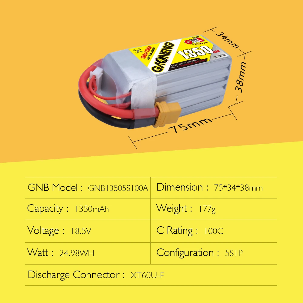 Новый аккумулятор Gaoneng GNB 1350 мА/ч 18 8 V 100C / 200C 5S Lipo Батарея Перезаряжаемые XT60 разъем