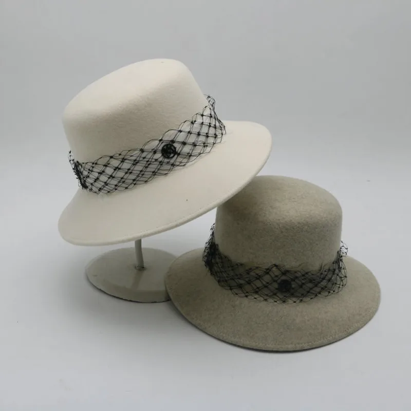 New Fashion Wide Brim Wool Felt Hat Floppy Lace Band Winter Hat Cloche Bucket Hat Women Wedding Church Dress Hat