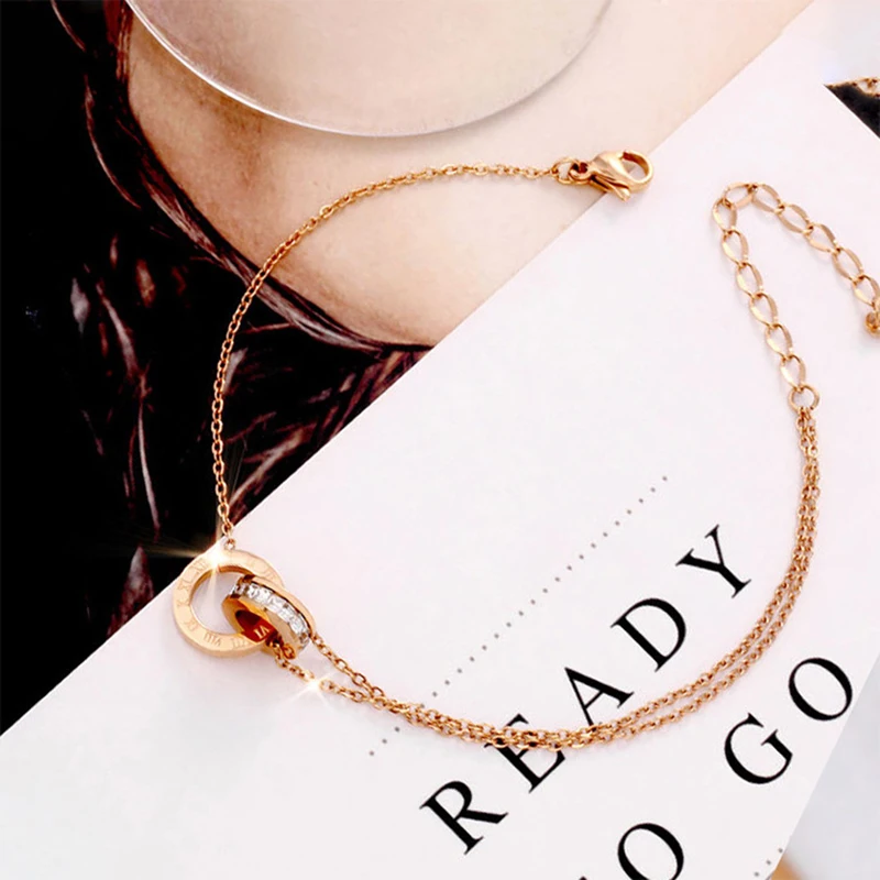 Браслет на ногу из нержавеющей стали 316L с двойными кольцами и римскими цифрами |