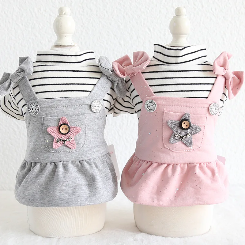 

2021 осень и зима новейший дизайн полосатый наплечный ремень юбки собаки с бантом лента декор розовые серые цвета платья для собак