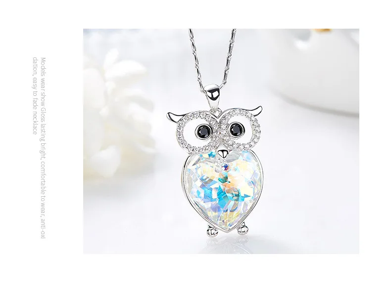 BOSCEN 925 Sterling Silver Pendant Necklace For Women Birthday Gift Colorful Owl Embellished With Crystals From Swarovski