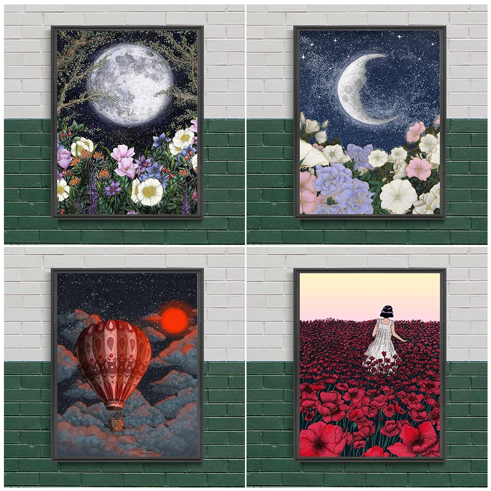 

Midnight Magic Forest And Field Of Poppies Wall Art Canvas Painting Moonlit Garden Poster And Prints For Living Room Decoration