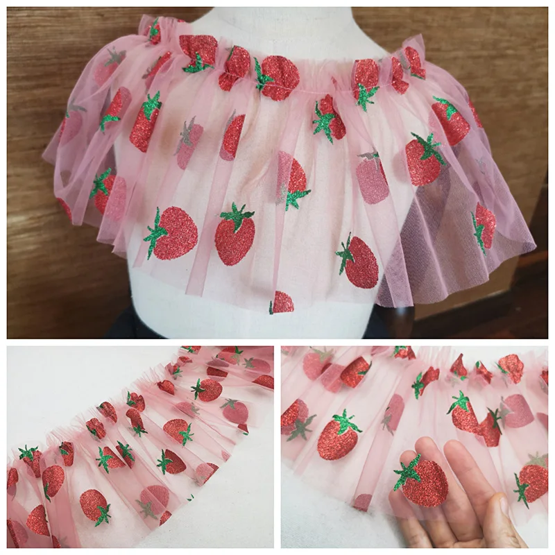 2 ярдов 15 см блестящая Клубничная плиссированная сетчатая кружевная ткань с