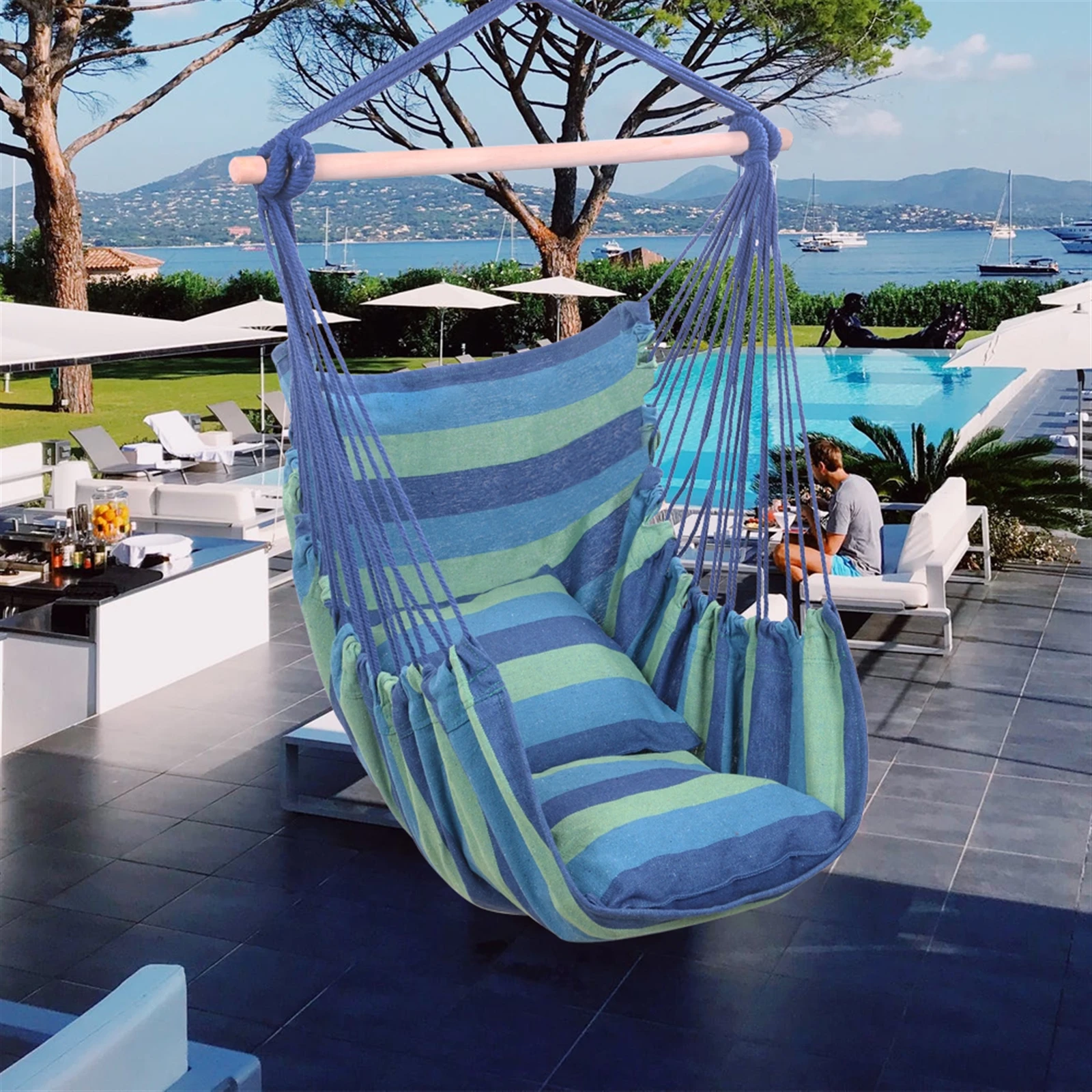 

Hanging Rope Hammock Chair Porch Swing Seat w/ 2 Seat Cushions, Cotton Porch Chair for Indoor, Outdoor, Garden