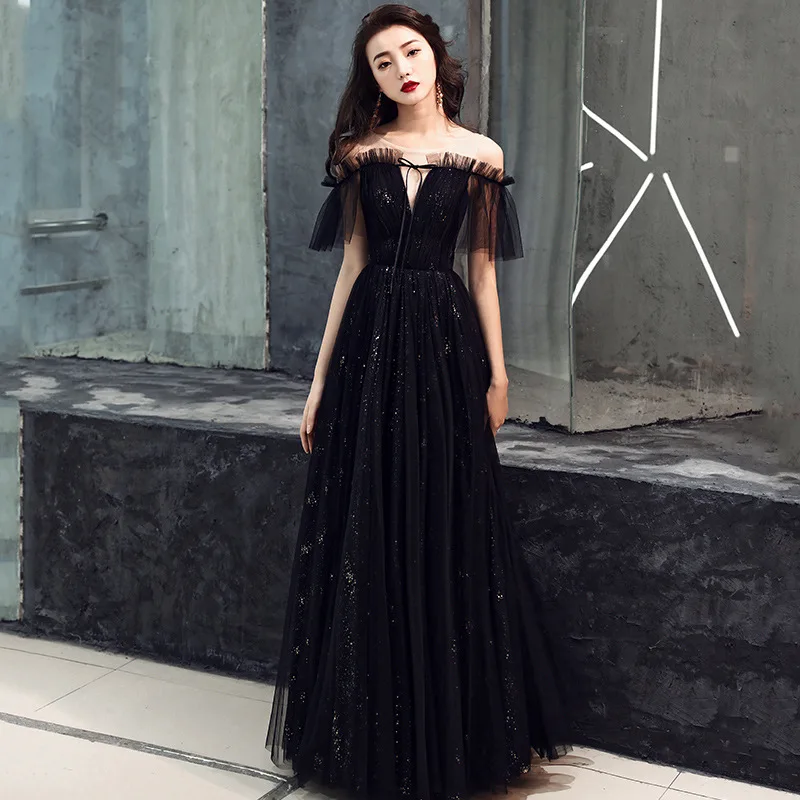 

Vintage Dinner Evening Dress Ladies Noble and Elegant One-shoulder Black Ball Gown Long Annual Meeting Host Prom Dress A204