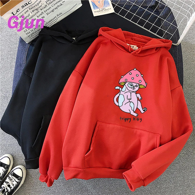 

2021 Winter Trippy Kitty Mushroom Novetly Sports Pullover Cute Plus Size Hoodie Harajuku Loose Hip Hop Popular Personality Women