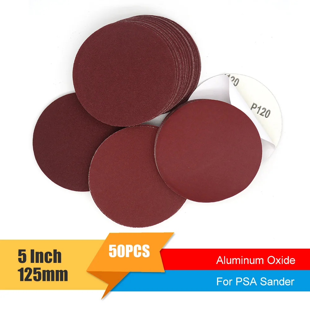 

50PCS 5 Inch 125MM Aluminum Oxide PSA Red Adhesive Sandpaper Sanding Discs 60 to 2000 Grits