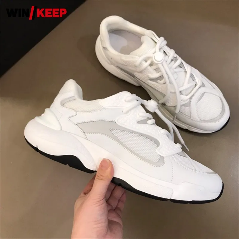 

Luxury Athlete Men Genuine Leather Sneakers Lace Up Brand Designer Outdoor Running Shoes Platform Mesh Patchwork Jogger Trainers