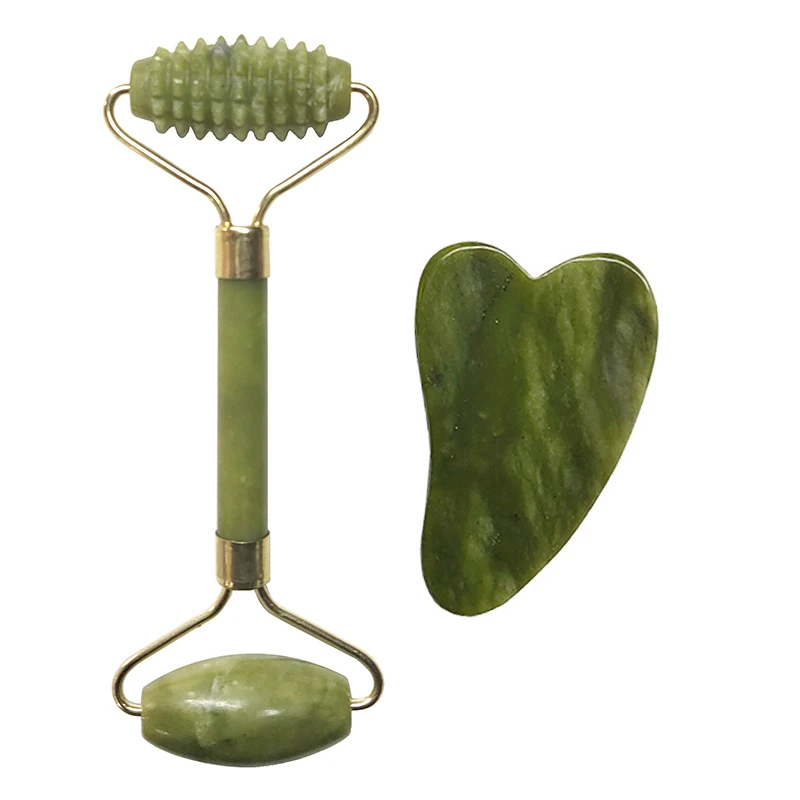 Натуральный нефритовый валик массажер для лица с напылением из гуаша скребок