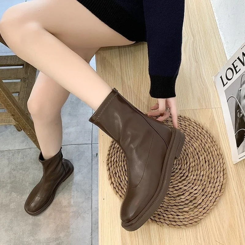 2021 Fall New Boots for Women Fashion Medium Tube Leather Stitching Ladies Boots Korean Fashion Solid Women Boots Shoes Woman