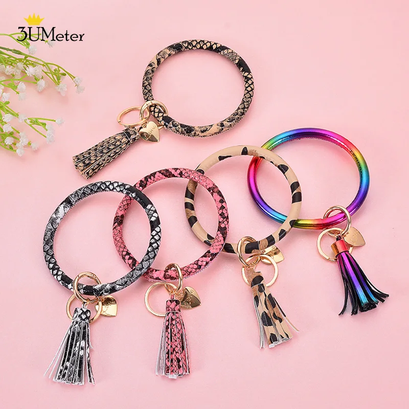 

3UMeter New Fashion Wristlet Keychain Bangle Keyring PU Leather O/Round Key Chain Tassel Bangle For Women Girls