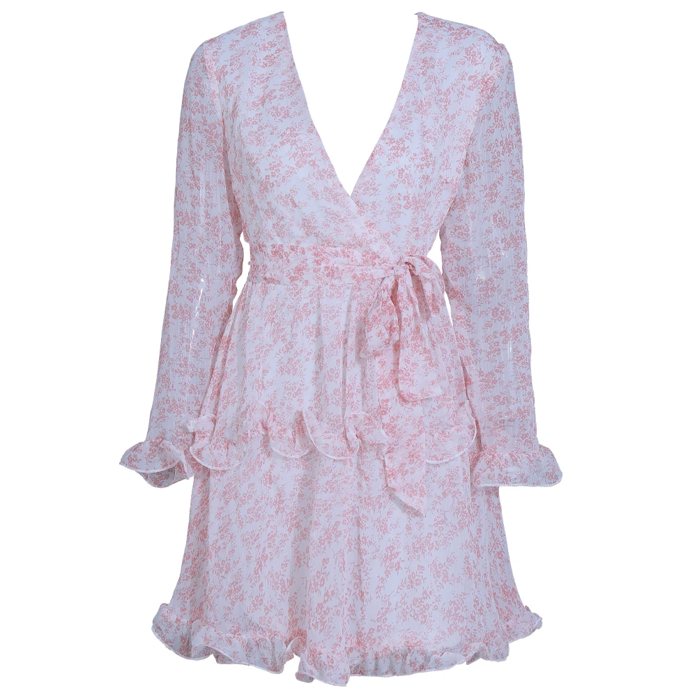 Женское платье с V-образным вырезом длинным рукавом и цветочным принтом | Женская