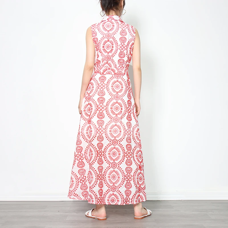 

TWOTWINSTYLE Vintage Embroidered Summer Dress For Women Lapel Sleeveless High Waist Print Dresses Female Fashion New Clothing