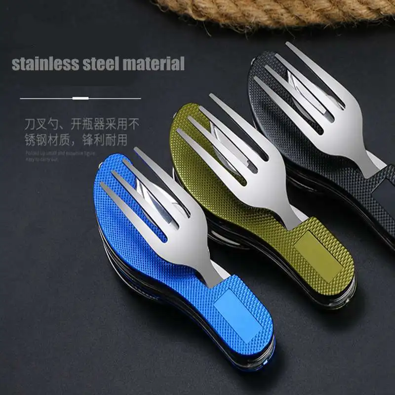 

Tablespoon Set 4 In 1 Foldable Spoon Knife fork bottle opener Stainless Steel Folding Pocket Kits Outdoor Tableware Set