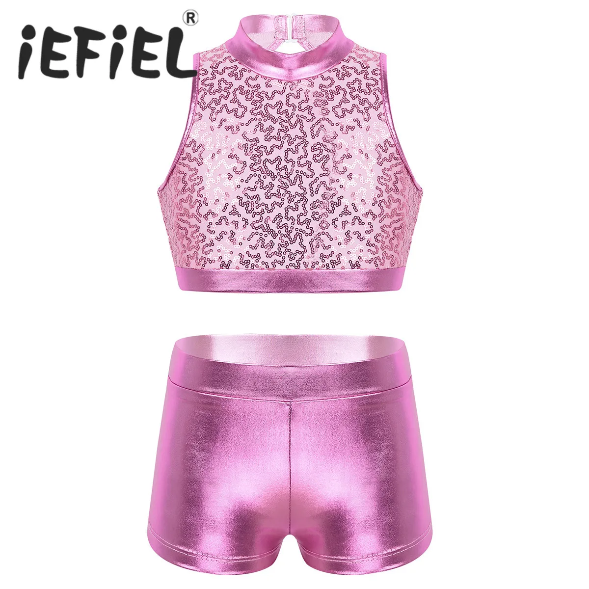 

Блестящая танцевальная одежда с блестками для девочек, укороченный топ с вырезом на спине и шорты для джазового танца, танцевальная одежда ...
