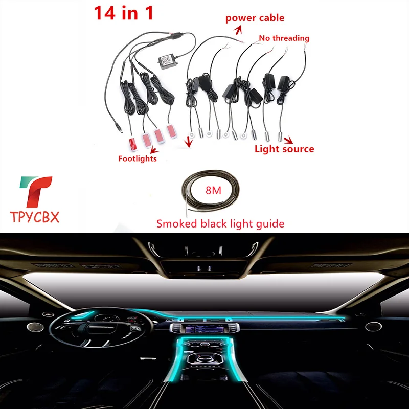 

Universal 14 in 1 RGB LED with 8M Car Interior Decor Fiber Optical Strip Light by App Control 12V Decorative Atmosphere Lamps