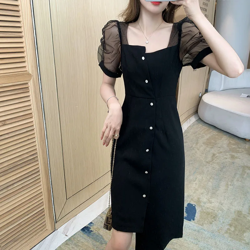 

WKFYY Elegant Mesh Spliced Square Collar Puff Sleeve Single Breasted Asymmetrical Irregular A-Line Bodycon Sheath Dress D4038