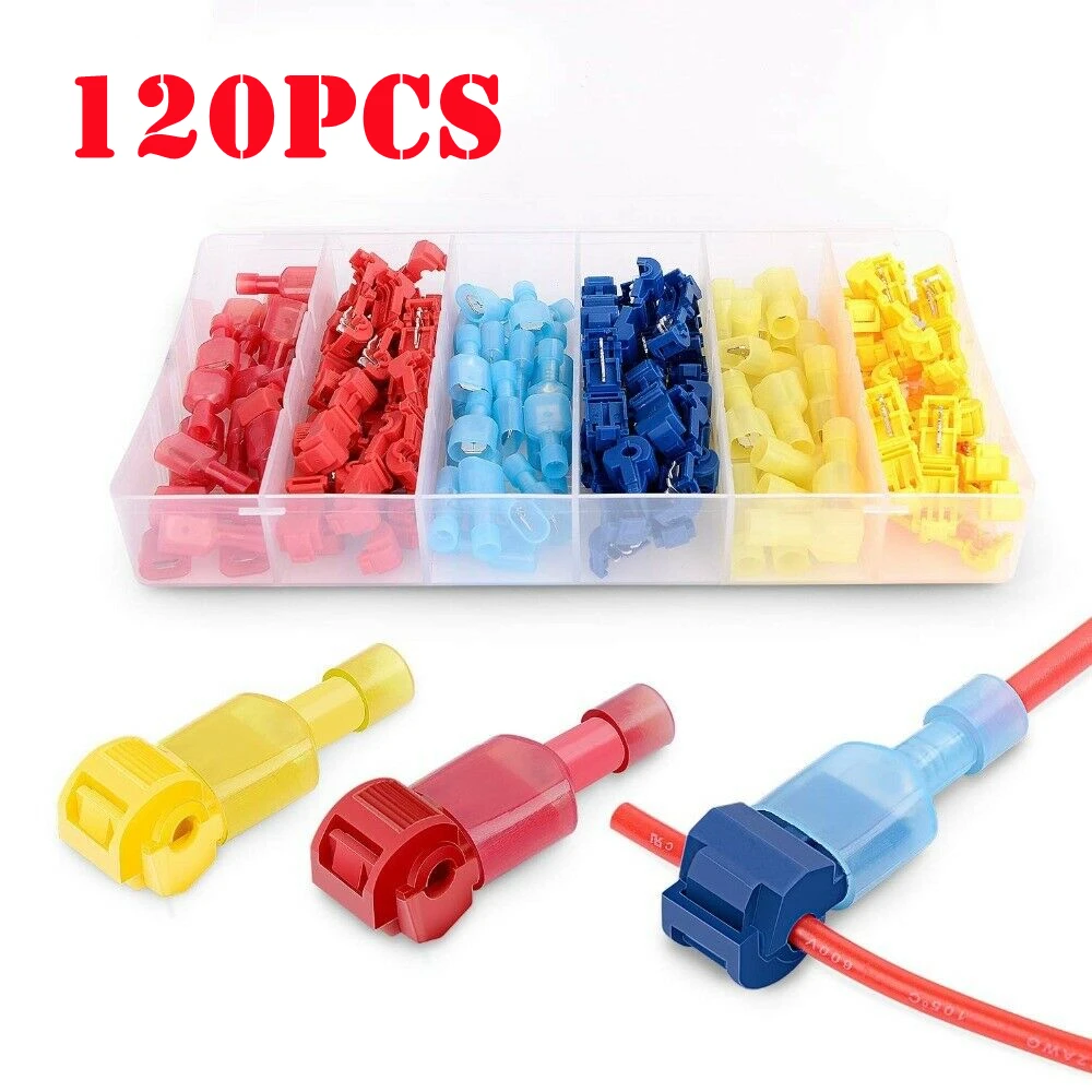 

120 шт., быстроразъемные Т-образные кабельные разъемы, быстроразъемные метчики для соединения проводов и изолированные быстроразъемные клем...
