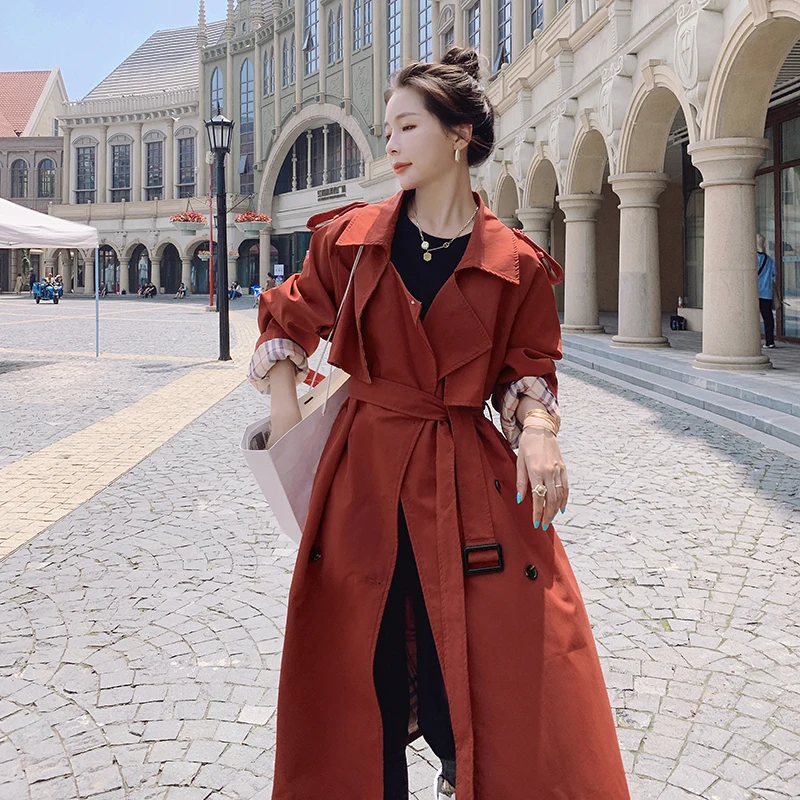 

England Style Red Long Women Trench Coat Double-Breasted With Polyester Lining Windbreaker Lady Duster Coat Loose Outerwear