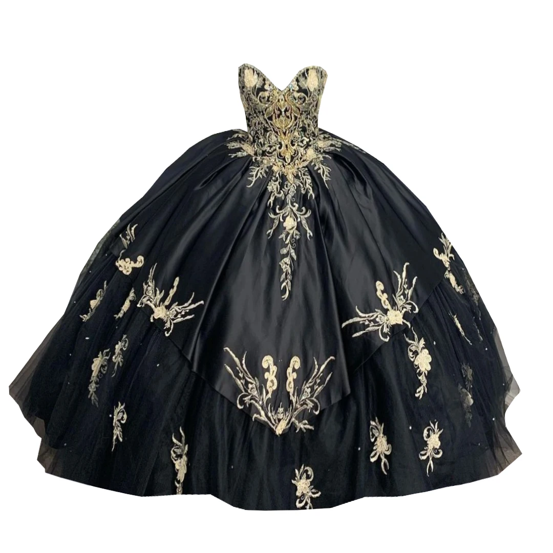 

2022 Sexy Black and Gold Embroidery Sweetheart Ball Gown Mexican Puffy Skirt Corset Quinceanera Dresses XV Crystal Sweet 15 16