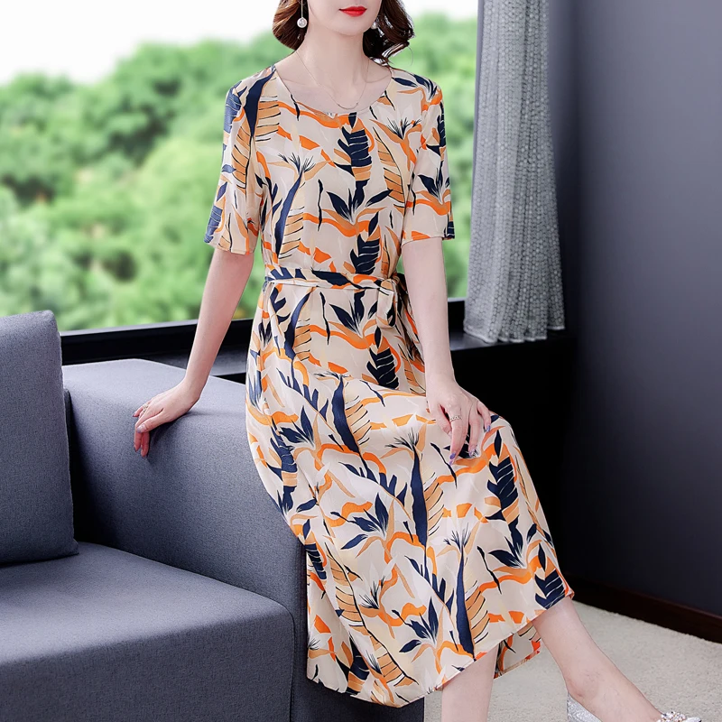 

Summer Dress Women Fashion Flroal Printed Silk Dresses High Waist Long Mid-calf O-neck Dresses Drawstring Sexy Vestidos Sundress