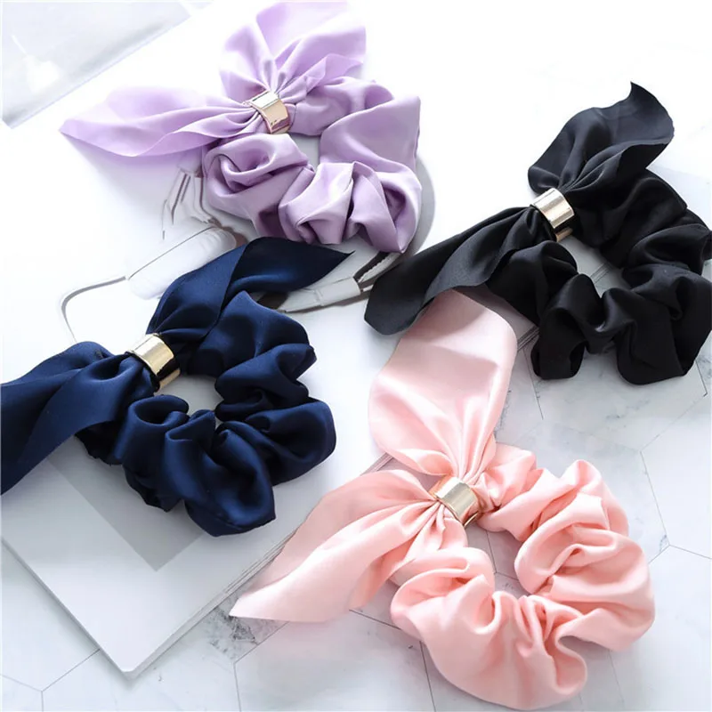 

4pcs Korea Bunny ears Metal Buckle Hair Scrunchie Elastic Hairband Chiffon Ties Rope Ponytail Bands Headwear Hair Accessories
