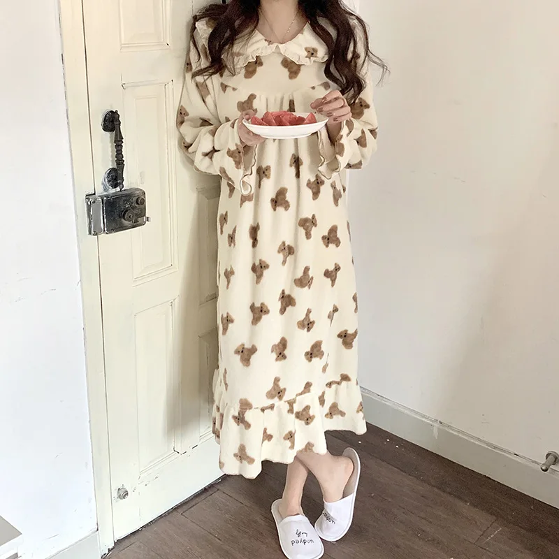 Kawaii Cartoon Bear Coral Fleece Nightgown Women Peter Pan Collar Long Sleepwear Loose Long Midi Nightdress Homewear