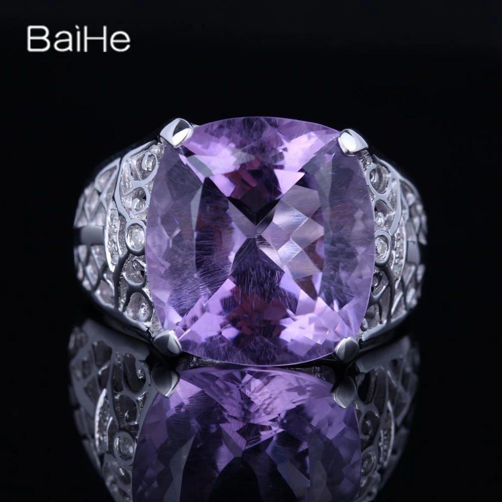 

BAIHE Sterling Silver 925 8.5ct Certified Cushion Purple Genuine Amethyst Wedding Women Office/career Fine Jewelry Amethyst Ring
