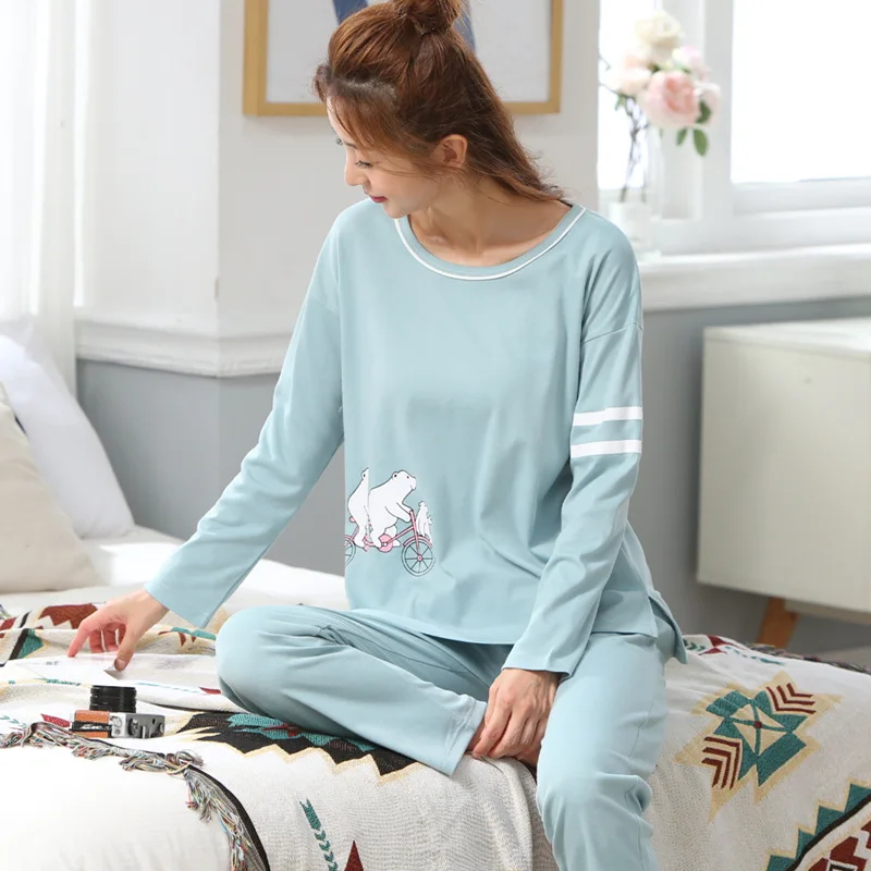 Пижамы женские осенние и зимние хлопковые с длинными рукавами рисунком модные