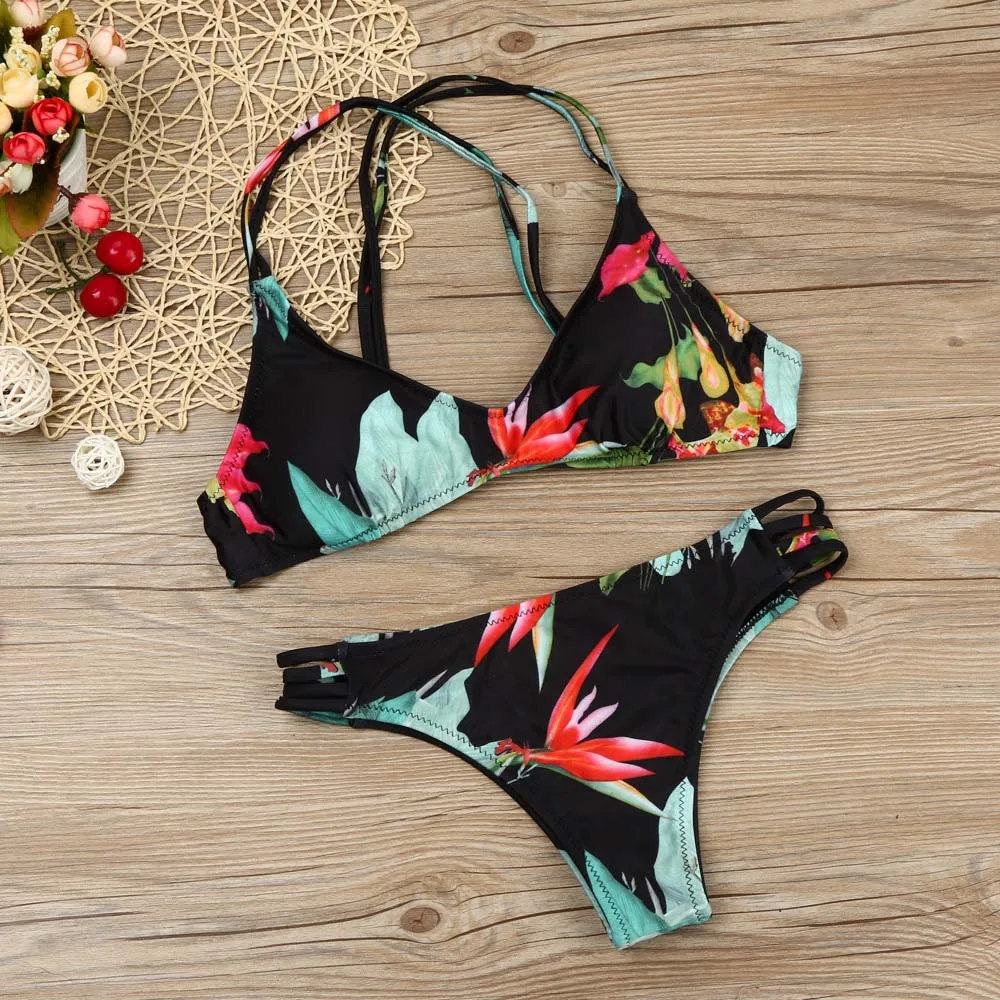 

Женский комплект бикини с цветочным принтом, купальный костюм, бикини, бюстгальтер пуш-ап с мягкими чашечками, купальник с низкой талией, ку...