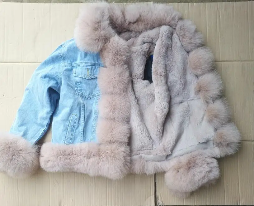Rabbit fur lining Женская джинсовая куртка из натурального Лисьего меха, костюм Parker из натурального меха кролика, зимняя теплая Модная Повседневная одежда в европейском стиле - Цвет: Rabbit fur lining